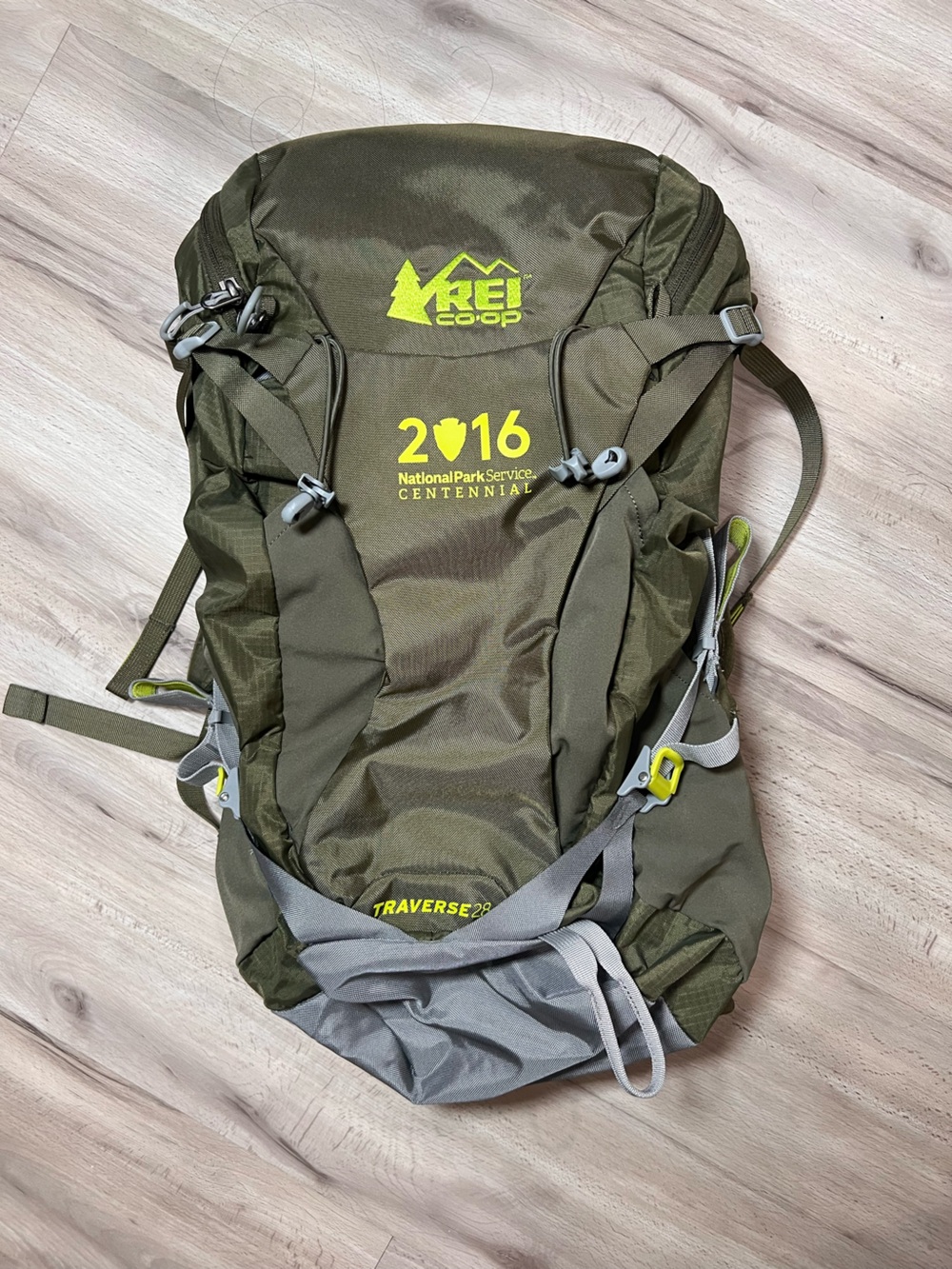 REI Olive Green Daypack with Neon Yellow Accents